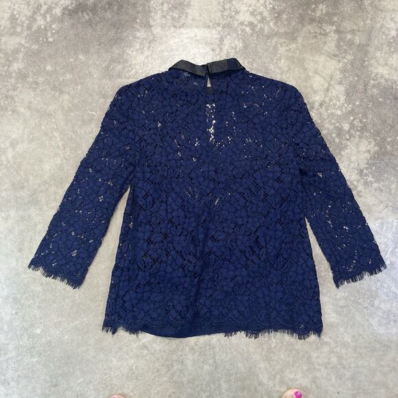 Rachel Zoe Blouse Womens 4 Navy Blue Lace Collared Lined Collared‎ Preppy - Picture 4 of 9